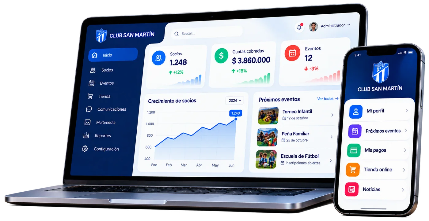 Plataforma Clubes360 en computadora y celular